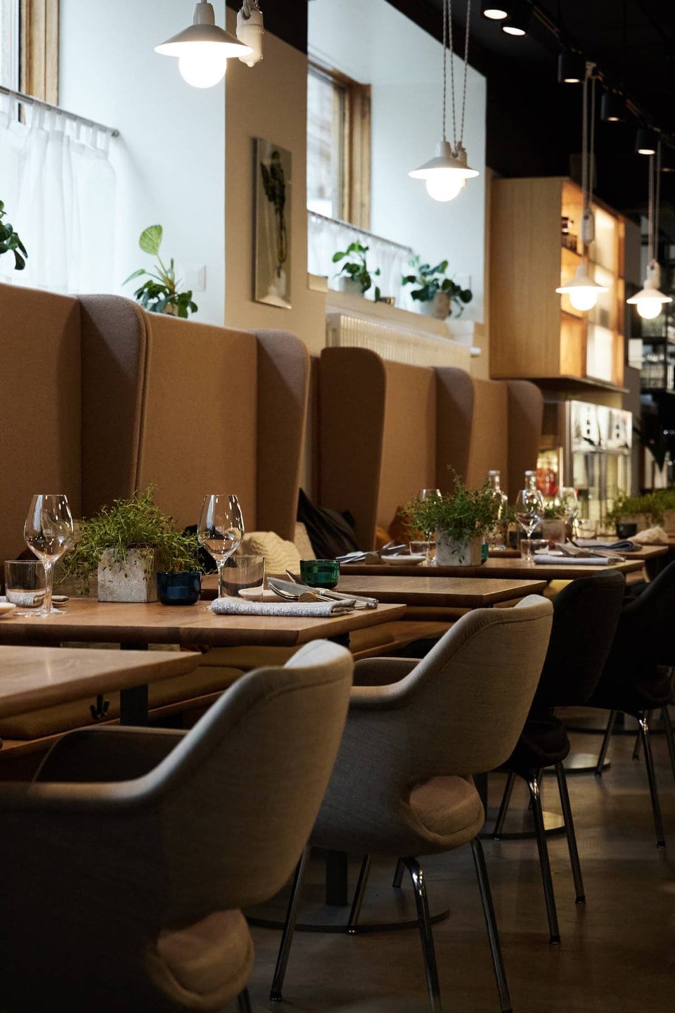 Ein modernes Restaurant-Interieur mit einer Reihe von Tischen mit grauen gepolsterten Stühlen und braunen Sitzecken mit hohen Rückenlehnen. Jeder Tisch ist mit Weingläsern, Tellern und Topfpflanzen gedeckt. Hängelampen an der Decke sorgen für sanfte Beleuchtung.